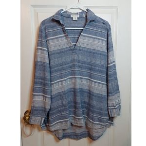 Artisan NY Blue Striped Linen Blend Tunic Top Lagenlook Popover Roll Tab Size 1X